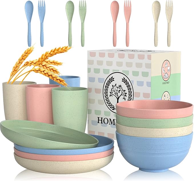 Homienly Wheat Straw Dinnerware Sets 20 PCS Cups and Plates Sets for Kitchen Microwave and Dishwasher Safe Plate Set Unbreakable Camping Dish Set Kids Plates and Bowls Sets for Picnic, RV (Multilight)
