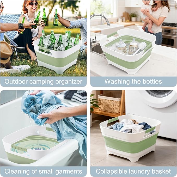 Collapsible Dish Basin with Drain Plug, 2.4 Gal 9L Foldable Wash Basin, Portable Sink Tub for Kitchen, Baby Bottles, Camping, RV, Vegetable Washing and Beverage Tub, Green
