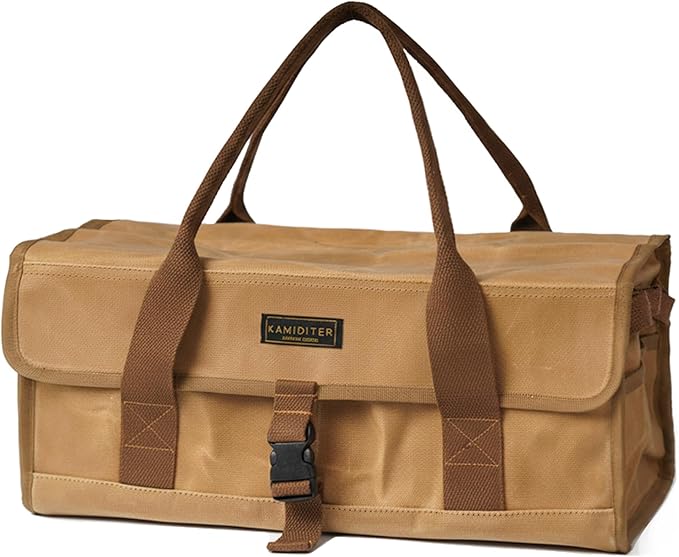 Waxed Canvas Camping Tool Bag, Camping Essentials Multi-purpose 12L Outdoor Storage Bag with Secure Flip Cover, Tent Stakes Hammer Multi-Container Organizer, Khaki