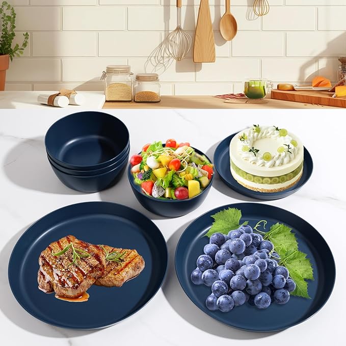 EI 12pcs Dark Blue Wheat Straw Dinnerware Set,Wheat Straw Plates,Plastic Plates Reusable,Plate and Bowls Sets,Unbreakable Plastic Plate for Dinner, Camping,Picnic