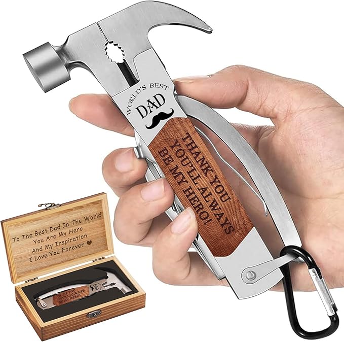 VEITORLD Gifts for Dad from Daughter Son Kids, Fathers Day, All in One Tools Hammer Multitool with Engraved Wooden Box, Unique Birthday Gift Ideas for Men Stepdad Him, Cool Gadgets(Dad are Hero)