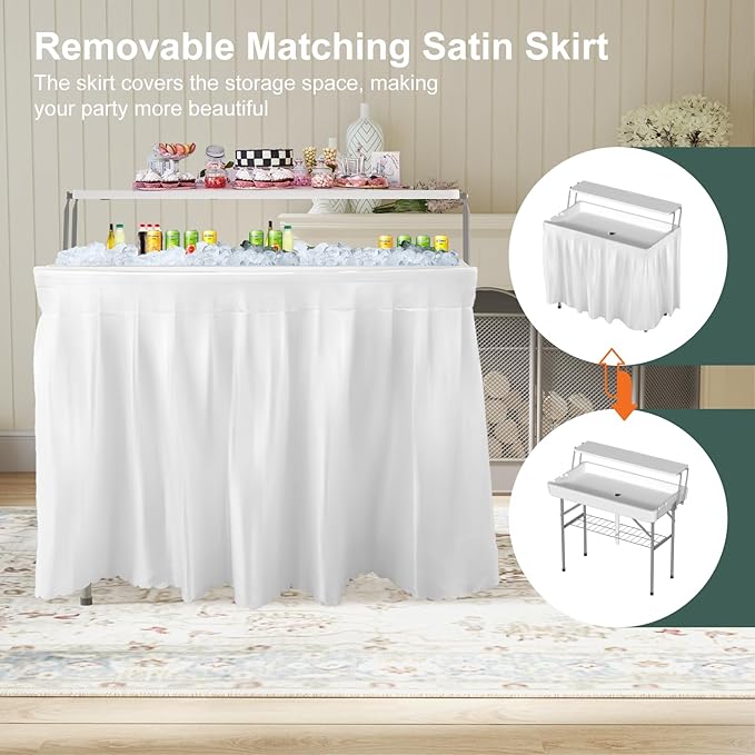 Ice Cooler Table with Drain, Two-Tier Plastic Folding Tables, with Removable Matching Skirt and Shelf, Indoor Outdoor Use for Party Camping Picnic Fishing Cleaning, 440 lbs Capacity