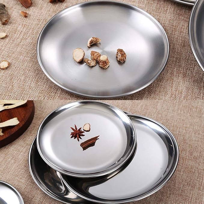 Steel Plates 2 Set 8 Inch Metal Round Dinner Plate Dishes for Serving/Snack/Camping, Dishwasher Safe Metal Dinner Plate