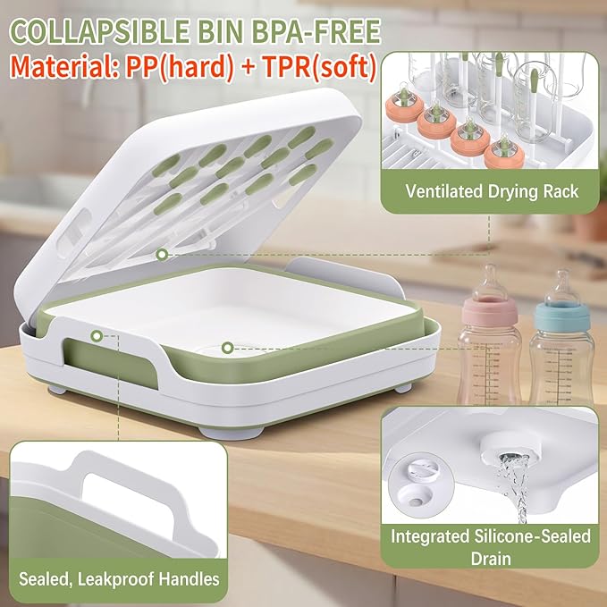 Collapsible Wash Basin for Baby Bottles with Drying Rack – 2.4 Gallon Foldable Dish Tub with Handles, Portable RV Camping Sink & Space-Saving Wash Bin with Lid for Kitchen, Travel & Outdoor, Green