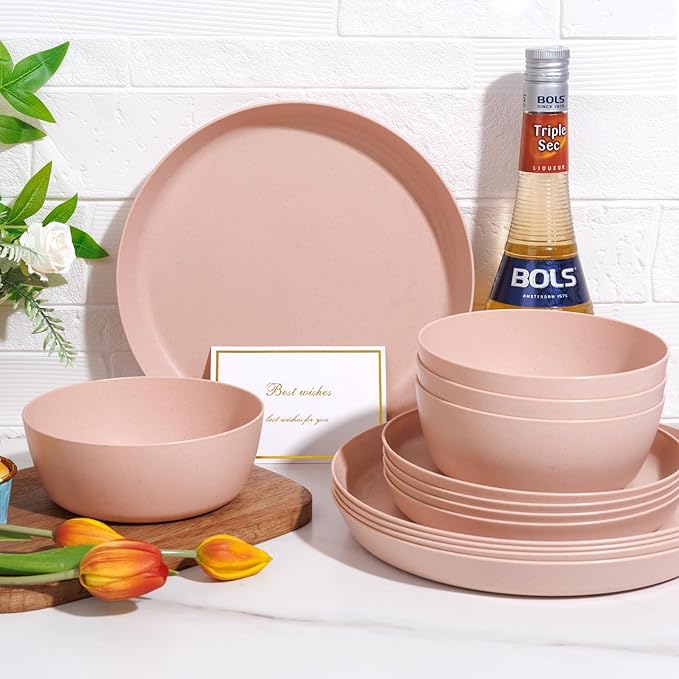 EI 12pcs Pink Wheat Straw Plates,Wheat Straw Dinnerware Set for 4,Plates and Bowls Sets,Plastic Plate Reusable,Unbreakable Plastic Plate Melamine,Camping Family Dishes Set