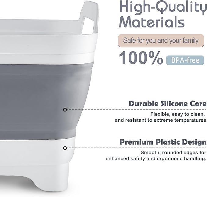 2.4 Gal(9L) Collapsible Dish Basin with Drain Plug, Space Saving Outdoor Multiuse Foldable Sink Tub, Dishpan, Kitchen Storage Tray for Camping, Vegetable Washing, RV (Gray)