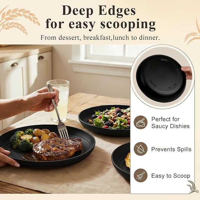 Dinner Plates Set 11 Inch, Unbreakable Wheat Straw Plates 8 PCS, Alternatives to Plastic Plates Rusable, Microwave Safe Camping Plates for Breakfast, Lunch, Dinner - Black