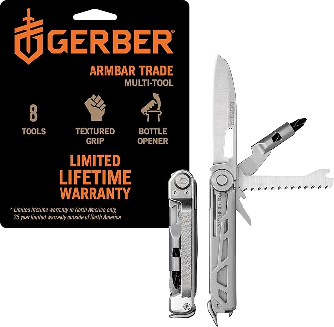 Gerber Gear Armbar Trade 8-in-1 Multi-tool - 2.5" Plain Edge Blade, Pry Bar, Hammer - EDC Gear and Equipment - Silver