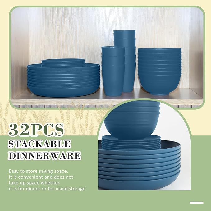 Wrova Wheat Straw Dinnerware Set of 32,Unbreakable Dinner Plates and Bowls Dishes Sets Service for 8,Dishwasher Safe Dinnerware Sets for Kitchen and Camping.Navy Blue