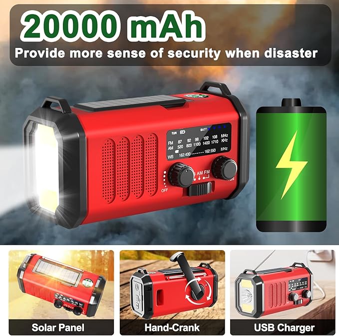 Leaton Emergency Radio NOAA Weather Radio Hand Crank & Solar Charging 20000mAh/74000mWh Rechargeable Battery Built-in Flashlight Reading Light & SOS AM/FM & Portable for Camping & Emergencies