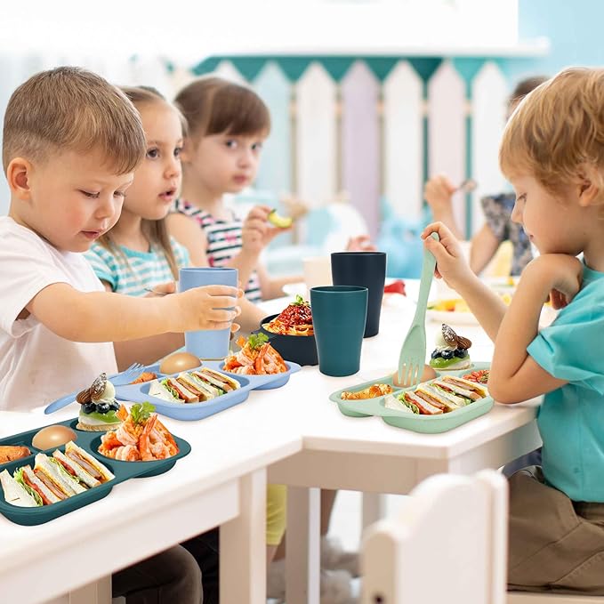 Unbreakable Dinnerware Sets for 4 People,24pcs Divided Plates and Bowls, Reusable Dinnerware Plastic Plates, Cups, Bowls, Cutlery Set for School Party, Camping, Home, Office