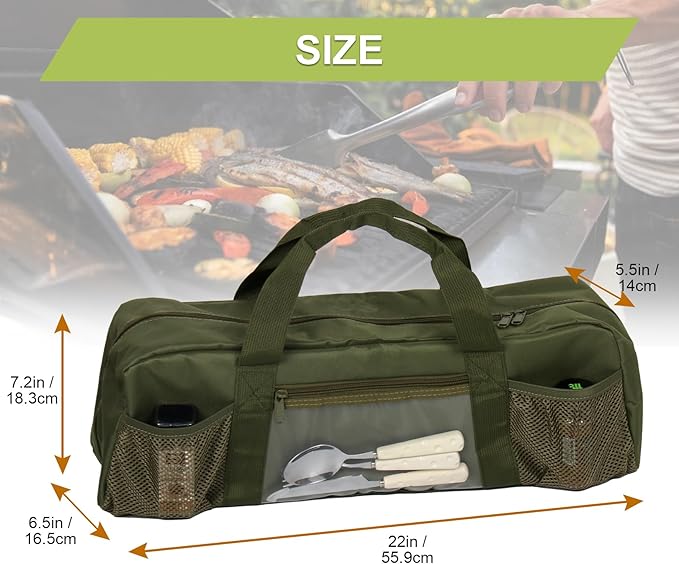 22" Upgraded Grill Tools Storage Bag, BBQ Utensil Holder with Pockets, Carry Bag for Outdoor Camping & Hiking BBQ, Gift for Men, Green