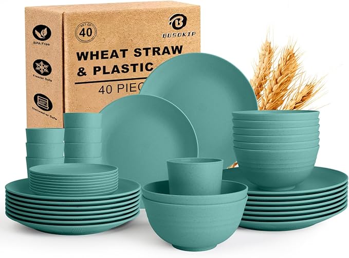 Dinnerware Sets 40 PCS Wheat Straw Plates and Bowls Sets With Cups | Service for 8 | Alternatives to Plastic Dinnerware Set Microwave Safe Dishese Set for RV Outdoor Activities Travel - Green