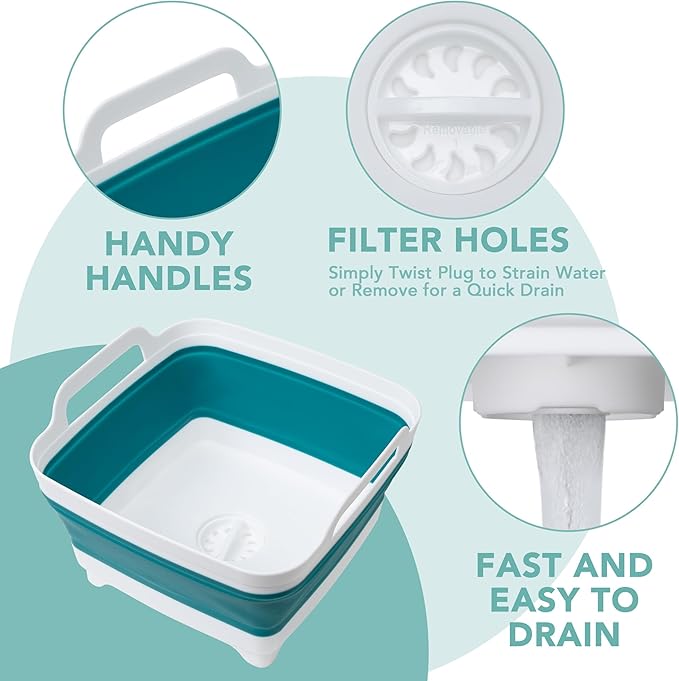 Tiawudi Dishpan for Washing Dishes, 2.4Gal/9L Wash Basin with Draining Plug Carry Handles, Collapsible Bucket for Cleaning, Portable Sink, Foldable Plastic Tub, 1PC