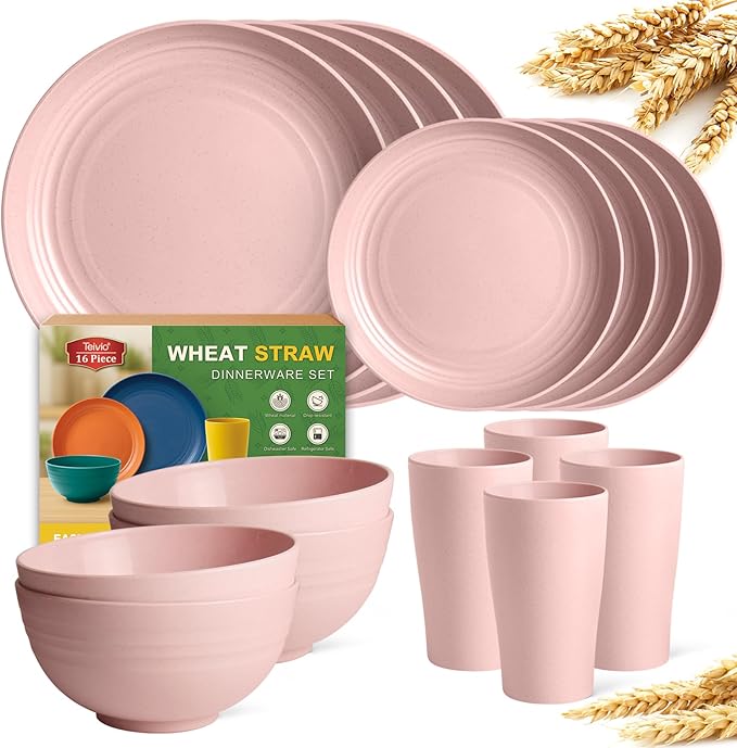 Teivio 16-Piece Kitchen Plastic Wheat Straw Dinnerware Set, Service for 4, Dinner Plates, Dessert Plate, Cereal Bowls, Cups, Unbreakable Plastic Outdoor Camping Dishes,Pink