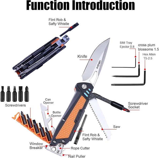 HANSHI 13 in 1 Multitool Knife with Nylon Sheath for Camping,Hiking,Survival,Outdoor Multi Tool Pocket Knife with Window Breaker,Birthday Christmas Valentine's Day Gift for Dad Mens Boyfriend(Black)