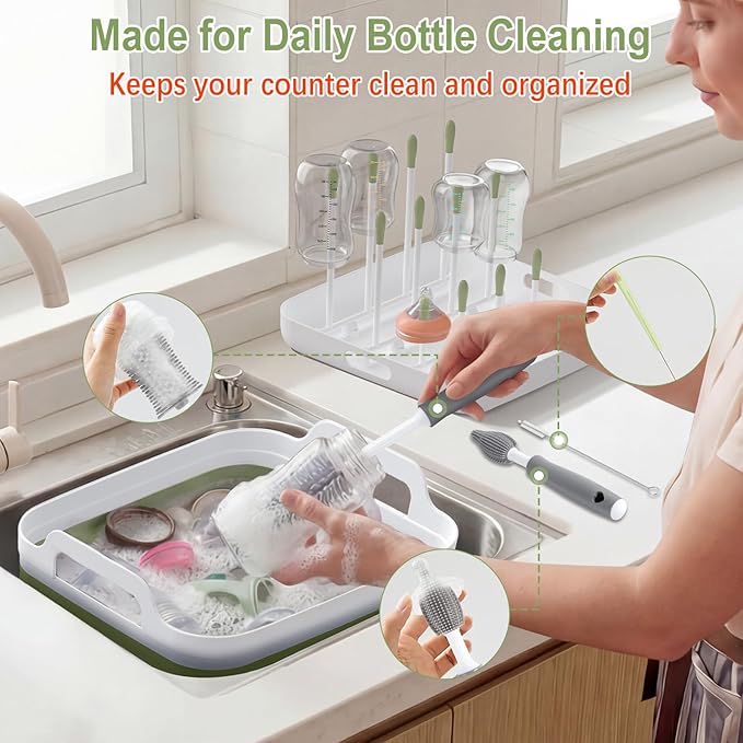 Collapsible Wash Basin for Baby Bottles with Drying Rack – 2.4 Gallon Foldable Dish Tub with Handles, Portable RV Camping Sink & Space-Saving Wash Bin with Lid for Kitchen, Travel & Outdoor, Green
