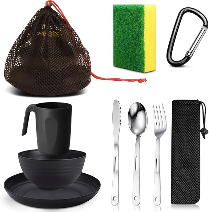 Scout Camping Mess Kit for Person Boy Scout Dishes Set Girl Scout Mess Kit with Mesh Bag Reusable Light Weight Eating Utensils Plastic Camping Cutlery Set for Travel Camp