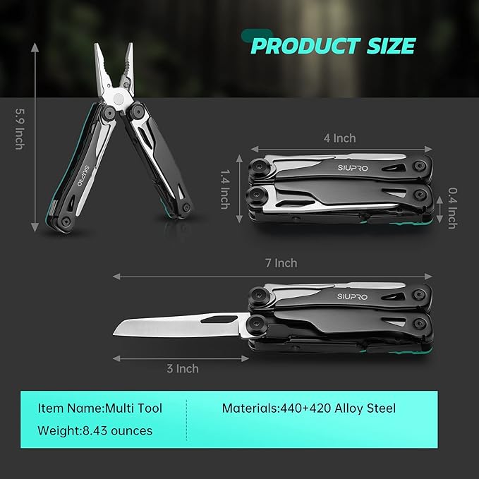 SIUPRO Multitool Pocket Knife for Men Women, Tactical Multi-Tool Pliers, Scissors with Clip, Nylon Sheath, All Safety Locking, Multipurpose Camping Survival Gear, Gifts Ideas