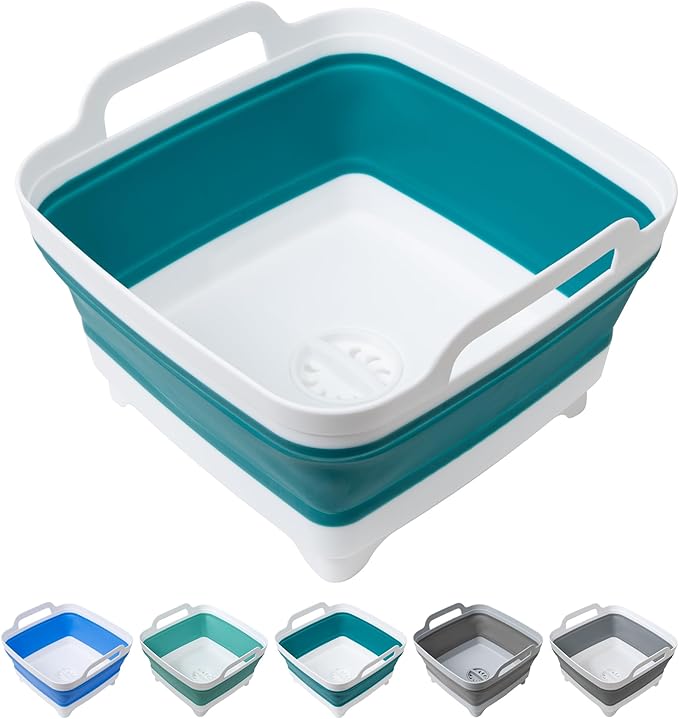 Tiawudi Dishpan for Washing Dishes, 2.4Gal/9L Wash Basin with Draining Plug Carry Handles, Collapsible Bucket for Cleaning, Portable Sink, Foldable Plastic Tub, 1PC