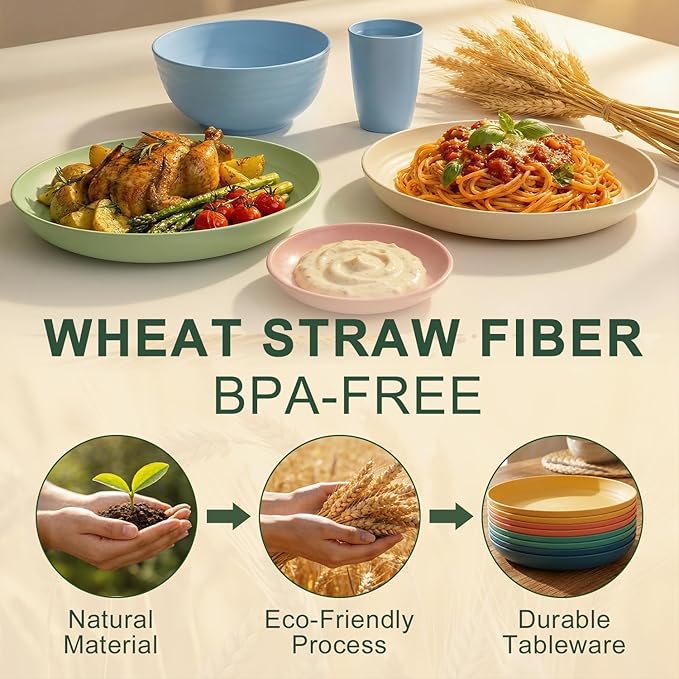 Plates and Bowls Sets 40 Piece, Wheat Straw Dinnerware Sets for 8, Dishes Set for 8, Unbreakable Cups and Plates Sets for Kitchen, Microwave Safe Plates, RV and Camper Essentials - Colorful