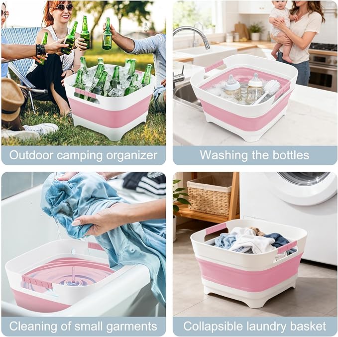 Collapsible Dish Basin with Drain Plug, 2.4 Gal 9L Foldable Wash Basin, Portable Sink Tub for Kitchen, Baby Bottles, Camping, RV, Vegetable Washing and Beverage Tub, Pink