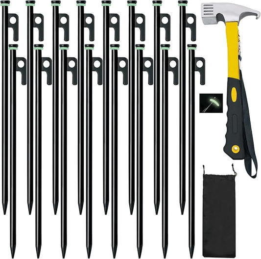16 Pack Tent Stakes with Hammer,16in Heavy Duty Tent Stakes + 12in Camping Hammer+Storage Pouch, Forged Steel Stakes for Camping Used on Rocks, Grassland(16Pcs 16in Stake+Hammer)
