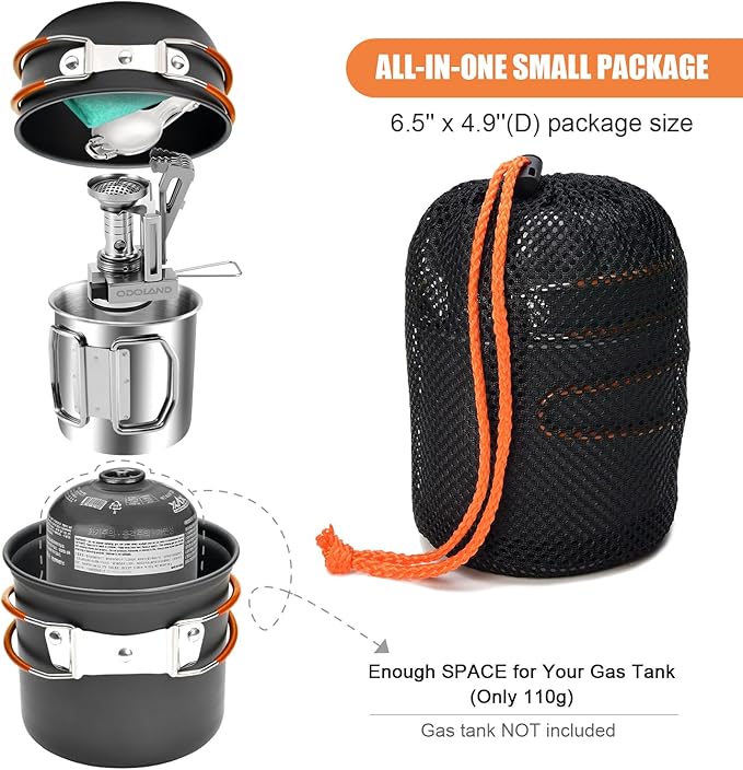 Odoland 8pcs Camping Cookware Mess Kit, Camping Pot and Pan Set with Mini Backpacking Stove, Stainless Steel Cup, Spork and Tank Bracket, Cooking Gear for Outdoor, Hiking, Picnic, Campfire