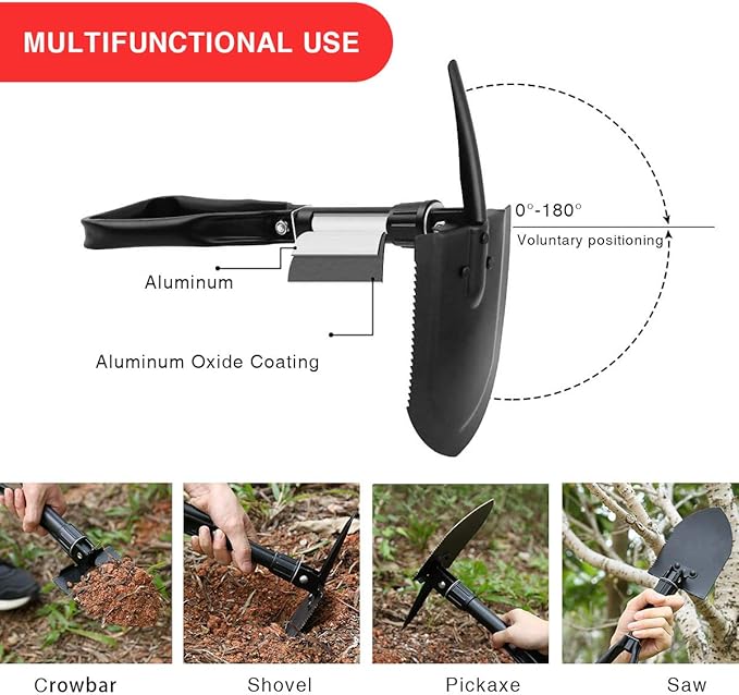 24.5" Collapsible Shovel, Heavy Duty Foldable Shovel, Camping Shovel and Pickax, Military Entrenching Tool for Gardening, Camping, Mud&Snow, Off Road, Portable Car Emergency kit