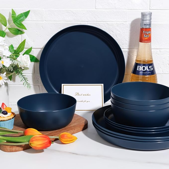 EI 12pcs Dark Blue Wheat Straw Dinnerware Set,Wheat Straw Plates,Plastic Plates Reusable,Plate and Bowls Sets,Unbreakable Plastic Plate for Dinner, Camping,Picnic