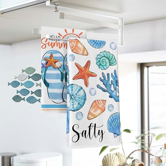 Hello Summer Flip Flops Kitchen Dish Towels Set of 2, Beach Coastal Starfish Conch Coral Drying Hand Towels Baking Cooking Cloth, Sun Bubble Salty Nautical Home Kitchen Decoration 18 x 26 in