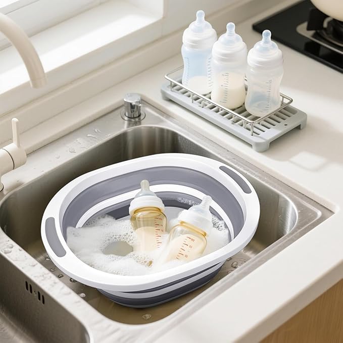 Collapsible Wash Basin, 7.5L Dish Tub Sink Basin Folding Dish Pans for Kitchen Sink, 2-in-1 Dishpan + Cutting Board, Portable Sink Dish Basin for Camping BBQ Prep Tub Washing Bin Bucket with Lid