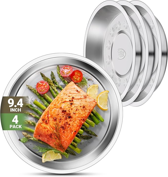 Patterned Deep Metal Camping Plates, 4 Pack 9.4 inch 304(18/8) Stainless Steel Plates, Reusable Pizza Food Serving Snack Eating Salad Dishes Round Shatterproof Silver Dinnerware Dinner Oven