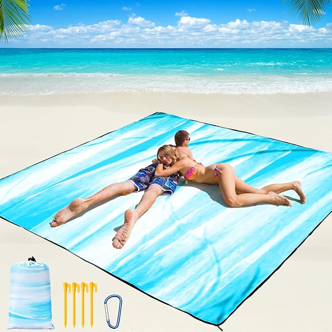 WIWIGO Beach Blanket Waterproof Sandproof Beach Mat 79" X 83"/10'x9'for 2-8 Adults Quick Drying Outdoor Picnic Mat Beach Accessories for Travel, Camping, Hiking