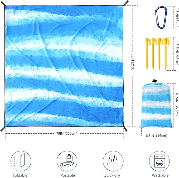 WIWIGO Beach Blanket Waterproof Sandproof Beach Mat 79" X 83"/10'x9'for 2-8 Adults Quick Drying Outdoor Picnic Mat Beach Accessories for Travel, Camping, Hiking
