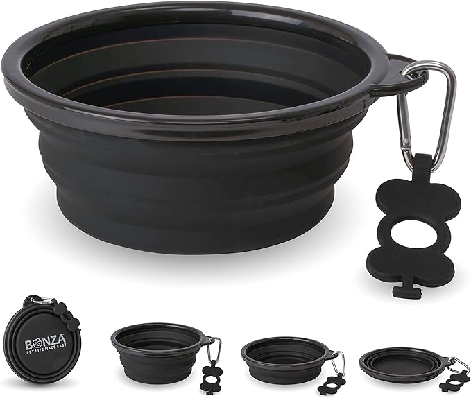 Bonza Collapsible Dog Bowls - X-Large 50 oz, Dog Travel Accessories, Silicone Portable Dogs Bowl & Water Dish with Reinforced Rim & Carabiner for Hiking, Camping, and Car Trips, Black