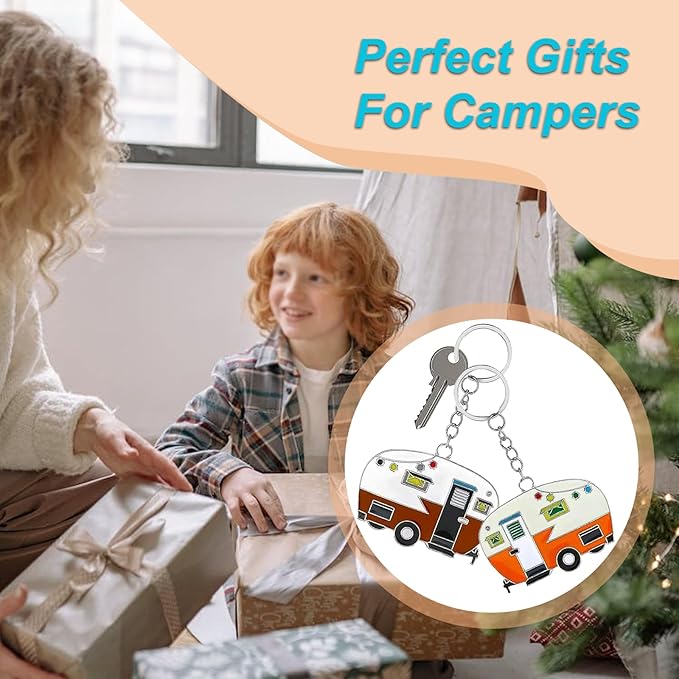 2 Pack Camper Keychain Set Happy RV Camper Keyring Couples Camping Accessories for Men Women Travel Trailers