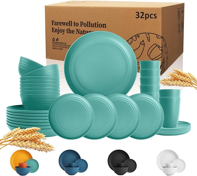 Wrova Wheat Straw Dinnerware Set of 32,Unbreakable Dinner Plates and Bowls Dishes Sets Service for 8,Dishwasher Safe Dinnerware Sets for Kitchen and Camping.Green