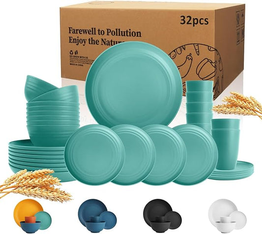 Wrova Wheat Straw Dinnerware Set of 32,Unbreakable Dinner Plates and Bowls Dishes Sets Service for 8,Dishwasher Safe Dinnerware Sets for Kitchen and Camping.Green
