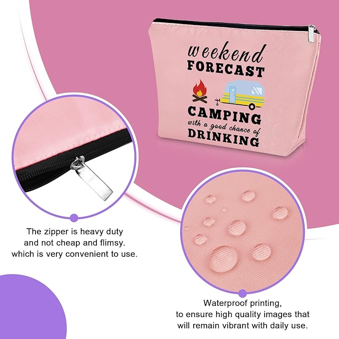 Sazuwu Happy Camper Gifts for Couples - Pink Makeup Bag for Women, Camping Cosmetic Bag, Camper Accessories for Travel Trailers
