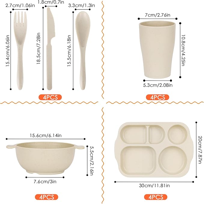 24 PCS Wheat Straw Dinnerware Set for Kids Divided Plates Bowls Cup Cutlery Sets, Reusable Tableware Set Microwave Dishwasher Safe for School Party, Camping, Home