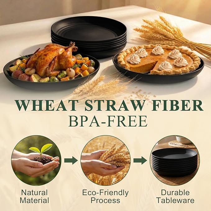 Dinner Plates Set 11 Inch, Unbreakable Wheat Straw Plates 8 PCS, Alternatives to Plastic Plates Rusable, Microwave Safe Camping Plates for Breakfast, Lunch, Dinner - Black