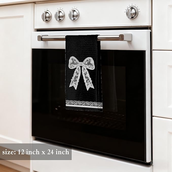 Black and White Coquette Lace Bow Print Kitchen Dish Tea Towels 16x24（Printing）, Girly Aesthetic Hand Towels for Bathroom, Coquette Bathroom Decor，Bow Towel（Print）
