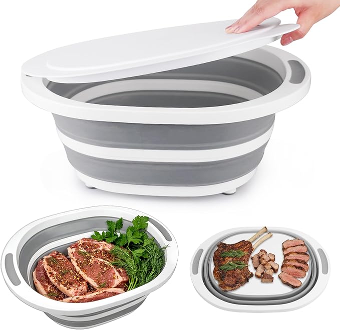 Collapsible Wash Basin, 7.5L Dish Tub Sink Basin Folding Dish Pans for Kitchen Sink, 2-in-1 Dishpan + Cutting Board, Portable Sink Dish Basin for Camping BBQ Prep Tub Washing Bin Bucket with Lid