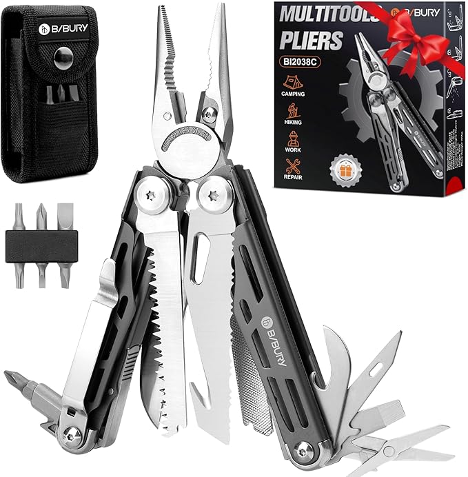 BIBURY Multitools BI2038C, 22-in-1 Stainless Steel Pocket Knife with Scissors, Foldable Self-locking EDC Multi tools Pliers with Sheath for Outdoor Hunting Survival Camping Simple Repair
