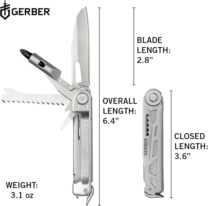 Gerber Gear Armbar Trade 8-in-1 Multi-tool - 2.5" Plain Edge Blade, Pry Bar, Hammer - EDC Gear and Equipment - Silver