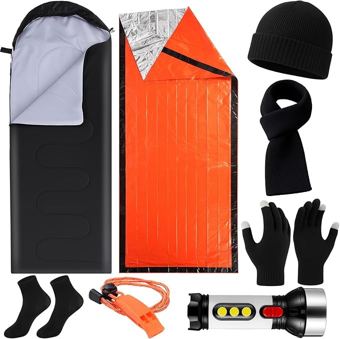 Chicingyou 8 Pcs Portable Emergency Thermal Blanket Camping Sleeping Bag Solar Rechargeable Flashlight Emergency Safety Whistle Gloves Scarf Socks Beanie Set for Camping Hiking Travel Hunting(Orange)