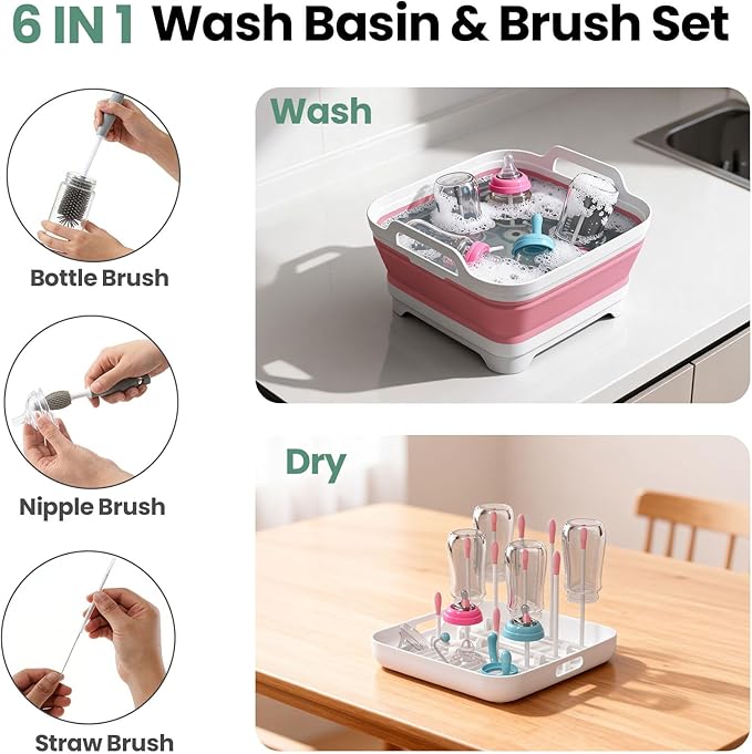 Volnamal Collapsible Wash Basin for Baby Bottles - Portable 2.4 Gallon Dish Basin with Drying Rack & Lid, Foldable RV Sink Tub for Camping, Sturdy Wash Tub for Kitchen, Camping, Outdoor Use(Pink)