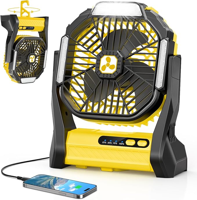 Portable Rechargeable Fan, 20000mAh Cordless Battery Powered Camping Tent Fans with SOS & LED Lantern, Small USB C Operated Outdoor Ventilador for Fishing Travel Camp Picnic Beach Office Desk Home