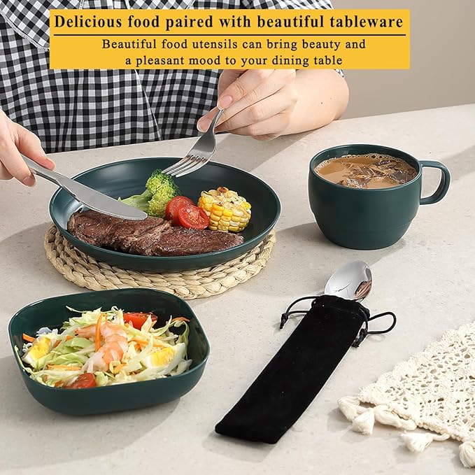 Camping Utensils Set, ReaNea Camping Plates and Bowls Set with Coffee Mug, Travel Cutlery Set Include Spoon, Fork, Knife for Home, Poolside, Outdoor, Picnic, Camp